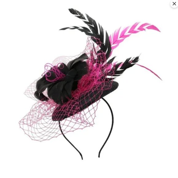 Sinamay Handmade Pink & Black Feather Fascinator | Derby Wedding Hat Headband - Picture 3 of 8